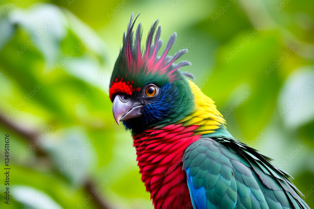 Fototapeta premium Vibrant Quetzal Plumage Displayed on a Tree Branch, Showcasing Its Bright Colors and Exotic Beauty in a Natural Forest Setting