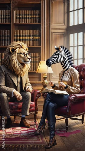 anthropomorphic zebra and lion discussing a book in a library