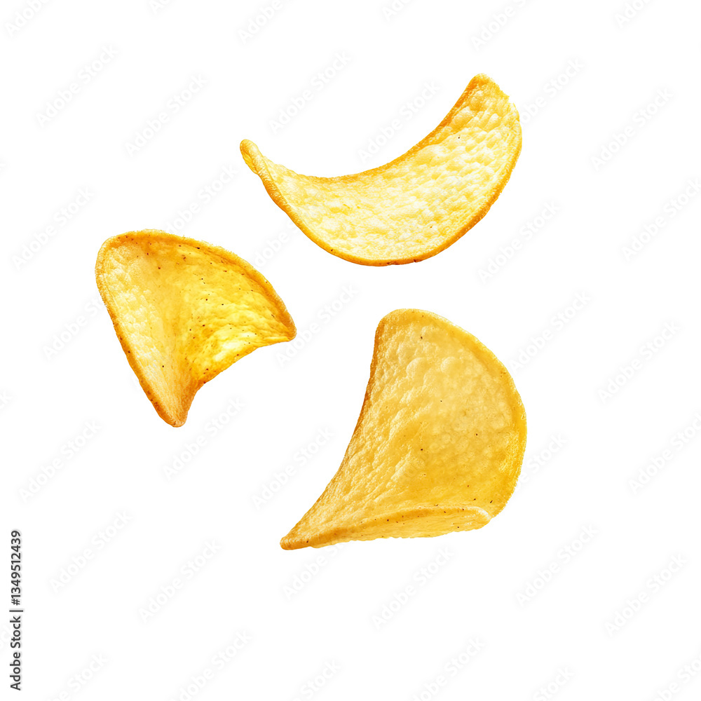 Three Crispy Potato Chips Floating on White Background, Crispy and Golden Potato Chips Isolated on White, Three Delicious Potato Chips with Perfect Texture, AI Three Crispy Potato Chips Floating on White Background, Crispy and Golden Potato Chips Isolated on White, Three Delicious Potato Chips with Perfect Texture, AI