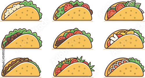 Taco Illustration vector design, Taco Logo and icon design, Set of Taco vector design