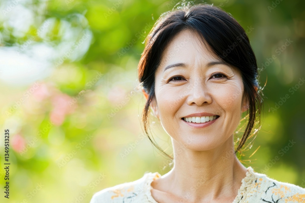 Middle age asian woman smiling in outdoor green setting 40s 50s Middle age asian woman smiling in outdoor green setting 40s 50s