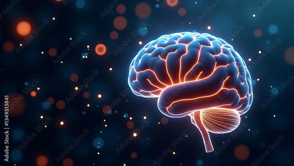 Glowing Neon Brain Digital Neuroscience Illustration Floating in Cosmic Space Blue Orange Luminous Neurons Starry Background Futuristic Medical Visualization Glowing Neon Brain Digital Neuroscience Illustration Floating in Cosmic Space Blue Orange Luminous Neurons Starry Background Futuristic Medical Visualization