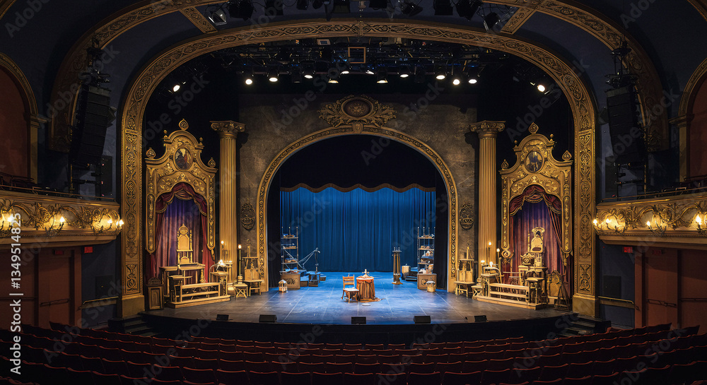 Fototapeta premium Classic Theater Stage with Vintage Set and Empty Audience Seats