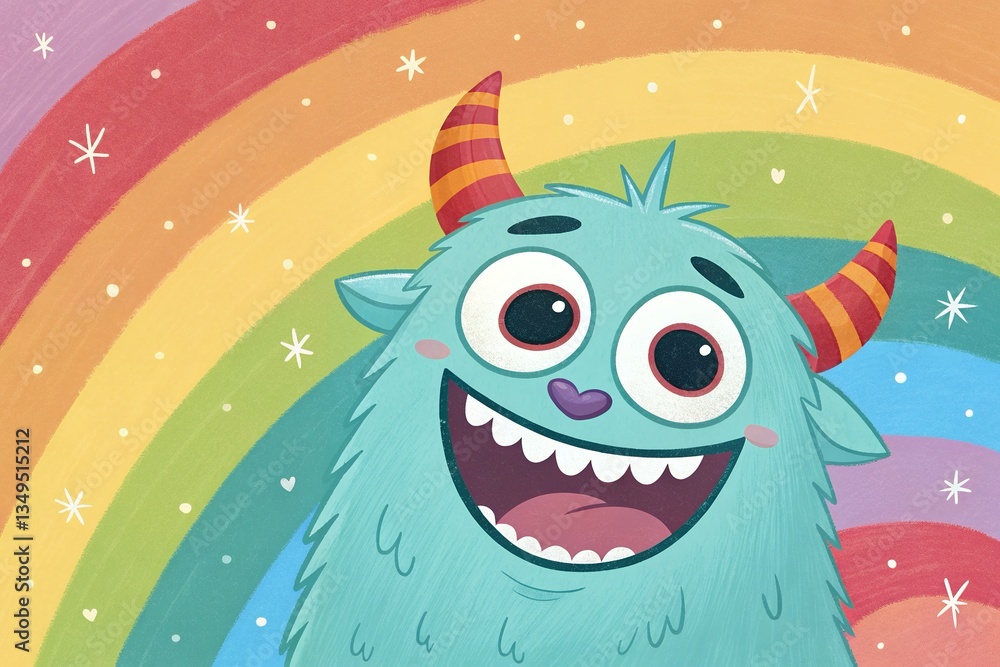 A joyful, fuzzy teal monster beams against a vibrant rainbow backdrop, radiating pure happiness and childlike wonder with a playful, textured art style. A joyful, fuzzy teal monster beams against a vibrant rainbow backdrop, radiating pure happiness and childlike wonder with a playful, textured art style.