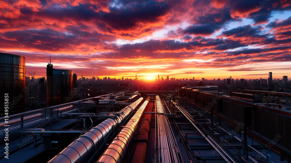 Rooftop mechanical HVAC system sprawling with ladders, ducts, and service platforms, as the cityscape stretches endlessly under a vivid sunset. Rooftop mechanical HVAC system sprawling with ladders, ducts, and service platforms, as the cityscape stretches endlessly under a vivid sunset.