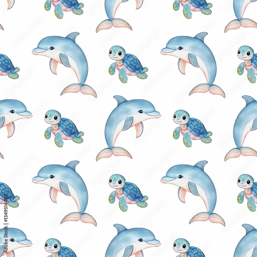 A seamless watercolor glitter pattern featuring playful dolphins and cute turtles on a white background. The dolphins are depicted in shades of blue, while the turtles are in green and blue hues. A seamless watercolor glitter pattern featuring playful dolphins and cute turtles on a white background. The dolphins are depicted in shades of blue, while the turtles are in green and blue hues.