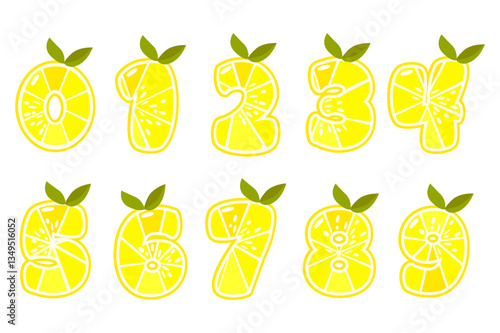 Lemon fruit numbers. Citrus numbers. Numbers, figures 0-9. Numbers cake toppers, education cards, stickers, typography print for your design