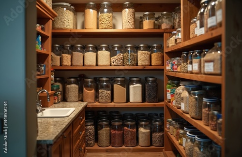 Wallpaper Mural Pantry filled with jars of healthy grains beans canned goods. Wooden shelves with various types of food. Food storage organization with a kitchen sink. Healthy eating lifestyle concept. Torontodigital.ca