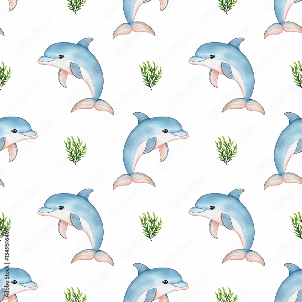 A seamless watercolor glitter pattern featuring playful dolphins and green seaweed on a white background. The dolphins are illustrated in shades of blue with a friendly expression, creating a cheerful A seamless watercolor glitter pattern featuring playful dolphins and green seaweed on a white background. The dolphins are illustrated in shades of blue with a friendly expression, creating a cheerful