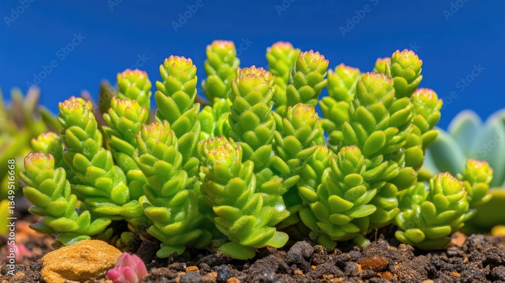 Close-up of succulent plant cluster against a clear blue sky. Compact, vibrant green growth with hints of pinkish-yellow at the tips. Healthy, thriving succulent Close-up of succulent plant cluster against a clear blue sky. Compact, vibrant green growth with hints of pinkish-yellow at the tips. Healthy, thriving succulent