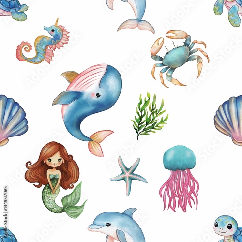 A whimsical watercolor glitter pattern underwater scene featuring colorful marine life including a mermaid, dolphins, a whale, a crab, jellyfish, seahorses, and seashells,  a white background.
