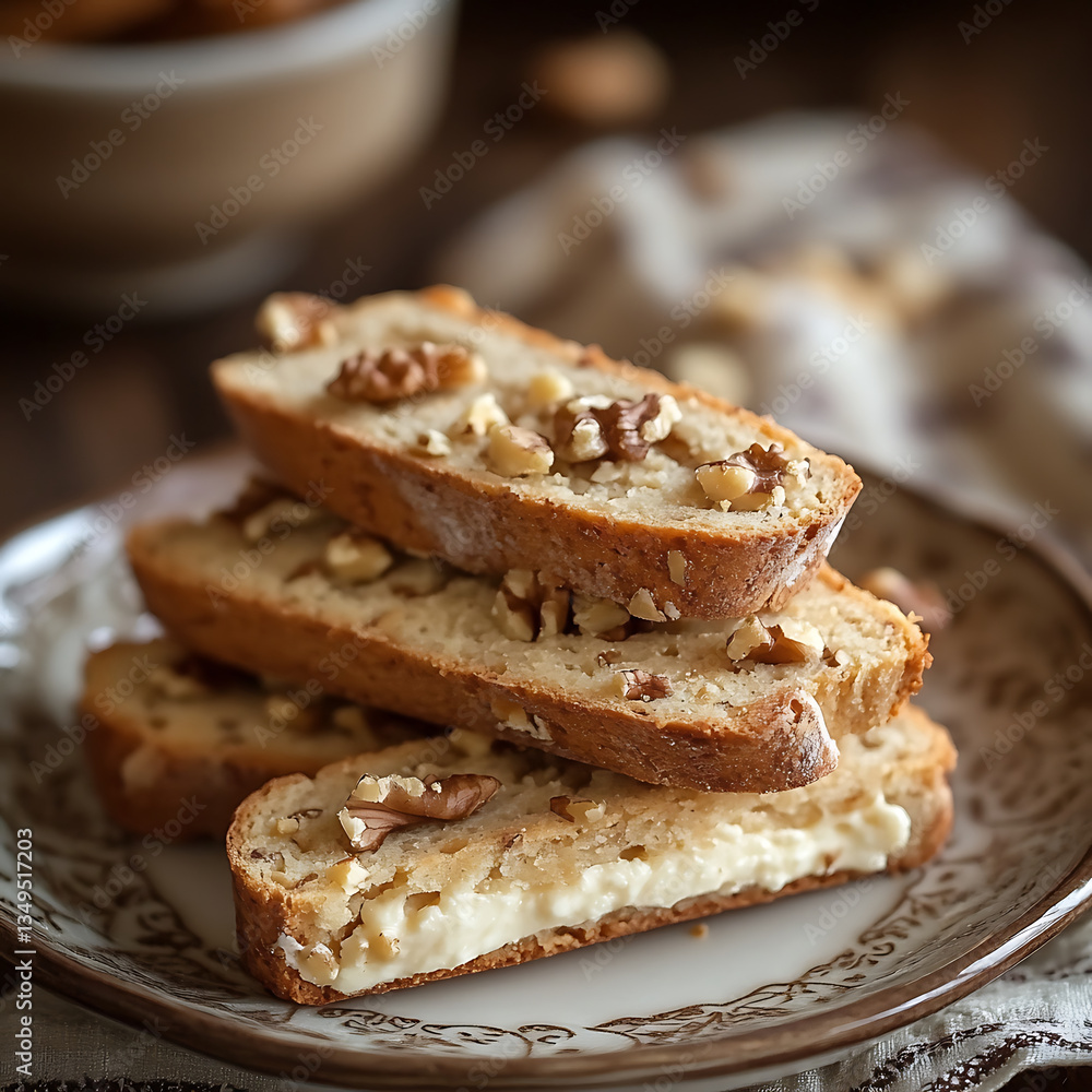 Delicious slices of walnut bread stacked on decorative plate, showcasing creamy filling and topped with crunchy walnuts, perfect for cozy snack or dessert Delicious slices of walnut bread stacked on decorative plate, showcasing creamy filling and topped with crunchy walnuts, perfect for cozy snack or dessert