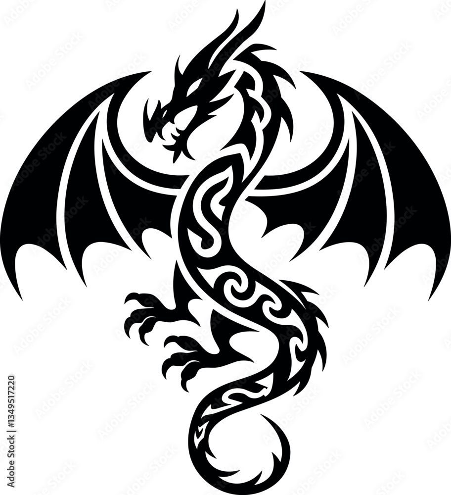 Vector image of a black winged dragon. Medieval winged monster. Knights hunter. Symbol of wisdom and force. Spirit of Celts. Black tribal tattoo. Vector image of a black winged dragon. Medieval winged monster. Knights hunter. Symbol of wisdom and force. Spirit of Celts. Black tribal tattoo.