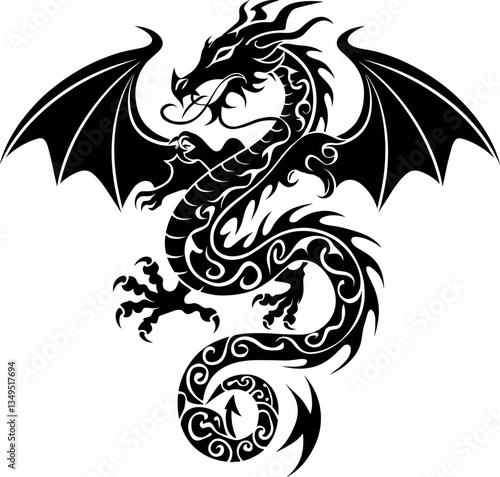 Wallpaper Mural Vector image of a black winged dragon. Medieval winged monster. Knights hunter. Symbol of wisdom and force. Spirit of Celts. Black tribal tattoo. Torontodigital.ca