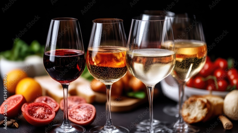 Wine tasting experience. Four different wines, red, ros?, white, and sparkling, presented for tasting, alongside fresh produce and appetizers Wine tasting experience. Four different wines, red, ros?, white, and sparkling, presented for tasting, alongside fresh produce and appetizers