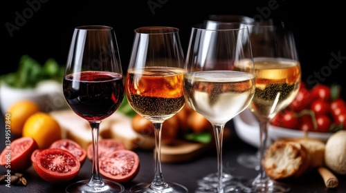 Wine tasting experience.  Four different wines, red, ros?, white, and sparkling, presented for tasting, alongside fresh produce and appetizers