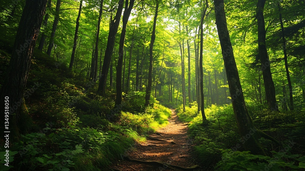 Fototapeta premium Lush Green Woods in Summer: Nature Beauty Serenity Forest Landscape
