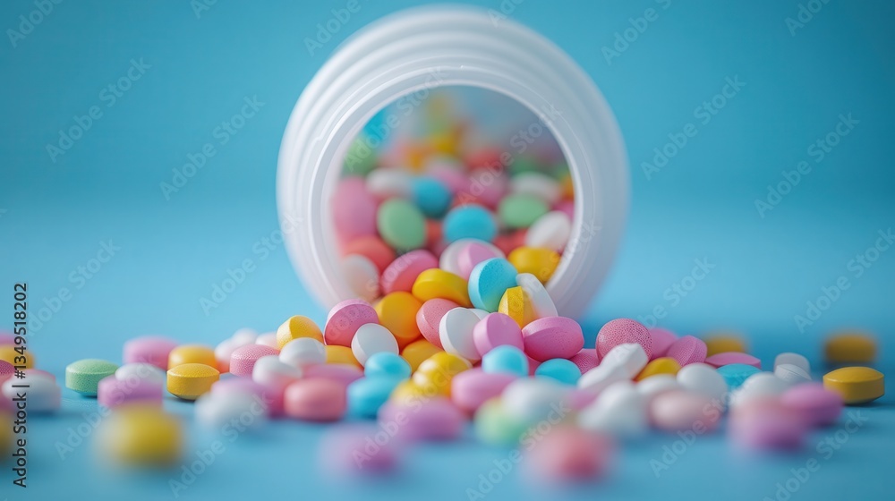 A colorful array of pastel candies spills from a white container against a vibrant blue background. A colorful array of pastel candies spills from a white container against a vibrant blue background.
