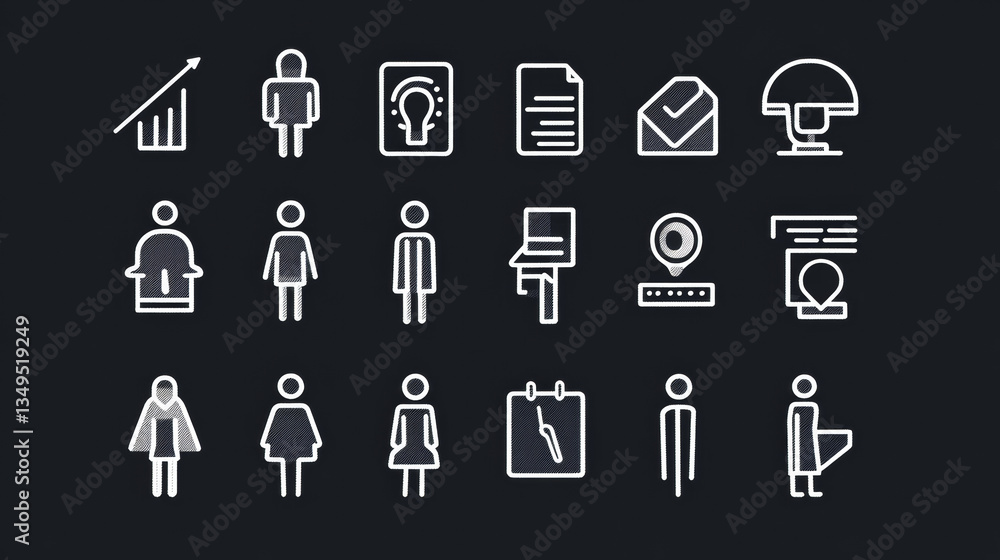 A collection of outlined icons representing management concepts, including business leadership, career development, human resources, employees, strategy, communication, and teamwork A collection of outlined icons representing management concepts, including business leadership, career development, human resources, employees, strategy, communication, and teamwork