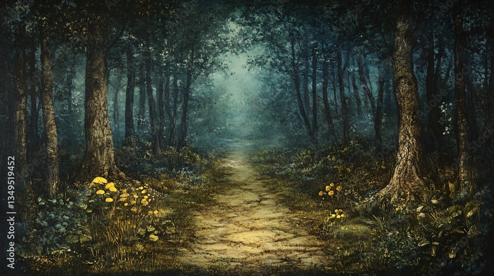 Obraz premium Enchanting Path Through Dark Forest - Mysterious and Serene Nature Landscape