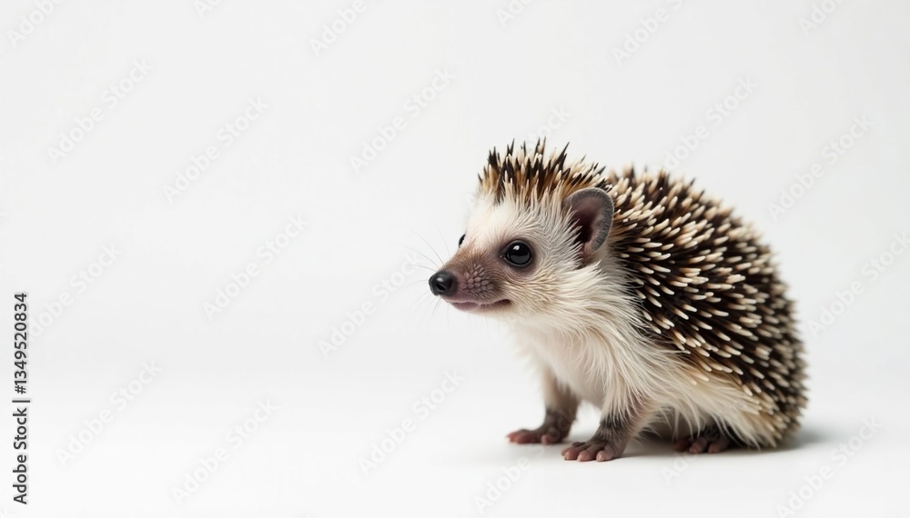 Fototapeta premium A solitary hedgehog posed against a stark white backdrop, simple, brown, macro
