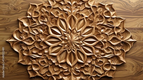 Fototapeta Naklejka Na Ścianę i Meble -  Ornate wood carving, detailed mandala, on wooden surface, design element