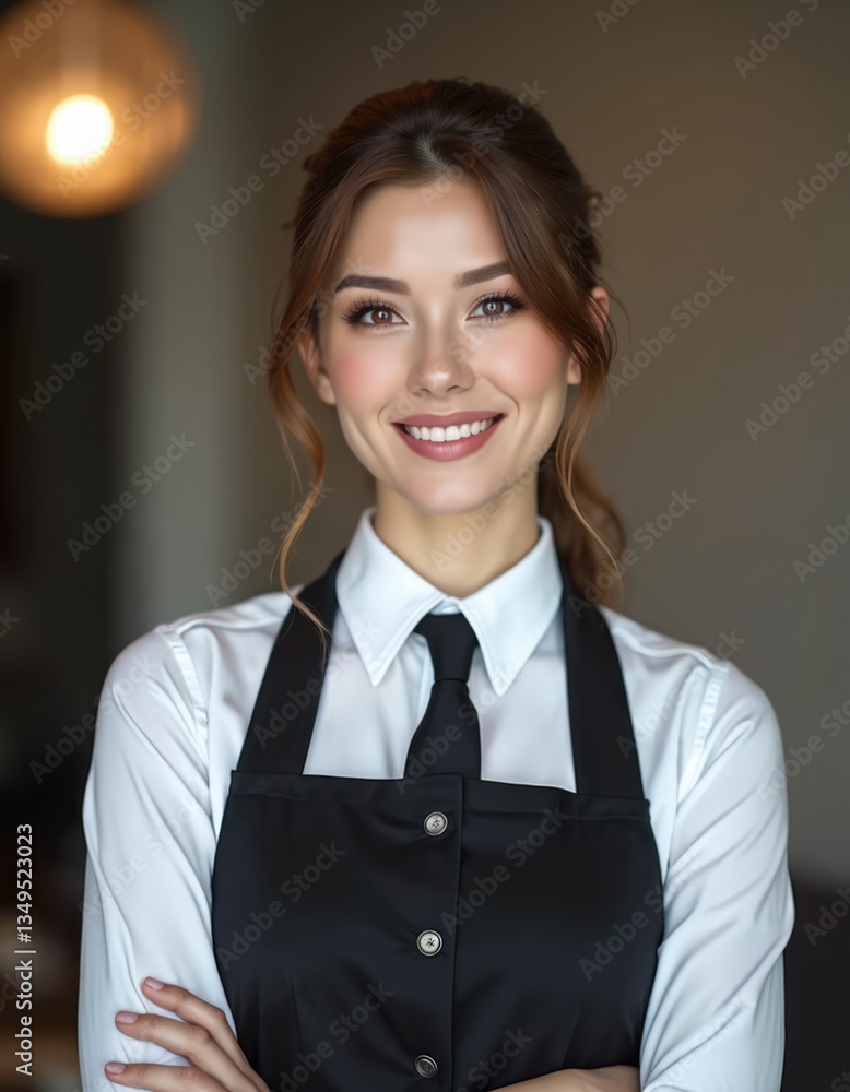 Smiling woman wears classic black waitress uniform. White shirt with a black tie, black apron. Pro, poised server ready to offer high-quality service in hospitality business. Clean modern appearance. Smiling woman wears classic black waitress uniform. White shirt with a black tie, black apron. Pro, poised server ready to offer high-quality service in hospitality business. Clean modern appearance.