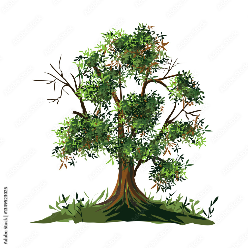 Obraz premium pipal tree or Sacred fig tree in large size with bright green big leaves illustration