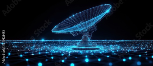 A digital network displays a satellite dish with glowing connections