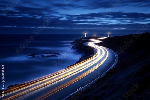 Wallpaper Mural A coastal highway lit by distant lighthouses, the beams of light sweeping across the waves. Torontodigital.ca