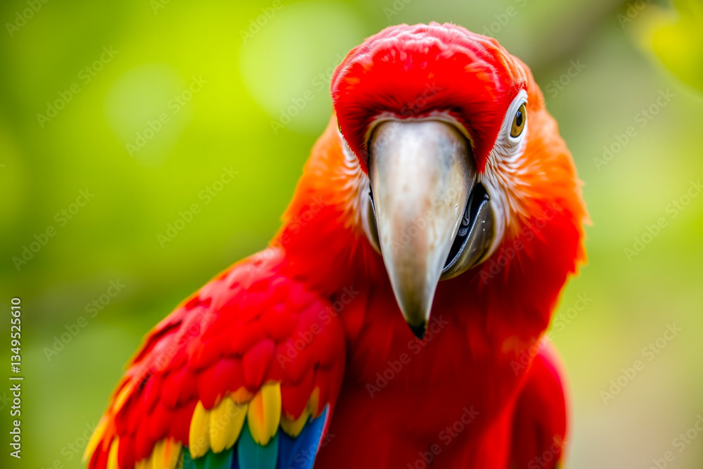 Obraz premium Brilliant Scarlet Macaw Displaying Its Vibrant Red, Blue, and Yellow Feathers in a Lush Tropical Setting, Showcasing the Beauty of Exotic Wildlife