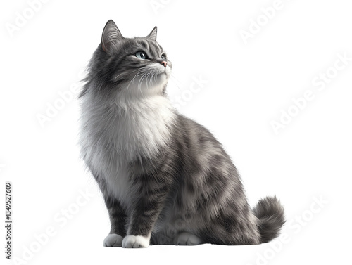 Curious Gaze of a Fluffy Cat: A striking cat sits poised, its eyes fixed upwards in a moment of curious contemplation, showing its fluffy fur and sleek physique.