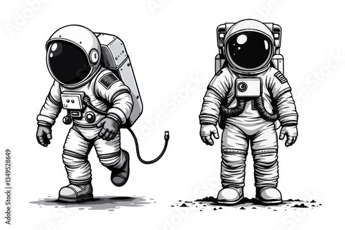 Vector illustration of two astronauts wearing spacesuits, isolated on a white background.