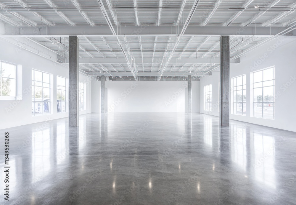 Modern, bright, empty warehouse interior with polished concrete floor and large windows. Modern, bright, empty warehouse interior with polished concrete floor and large windows.