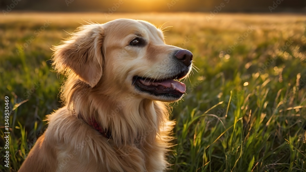 Golden Retriever dog enjoying outdoors at a large grass field at sunset, beautiful golden light Golden Retriever dog enjoying outdoors at a large grass field at sunset, beautiful golden light