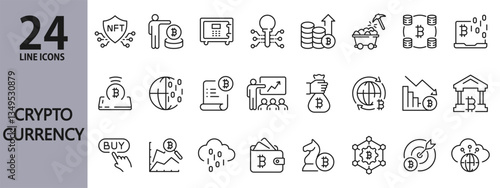 Cryptocurrency line icons set with Bitcoin, Exchange, Currency, Investment, Blockchain, Wallet, Market, Finance, Mining and more. Editable Stroke