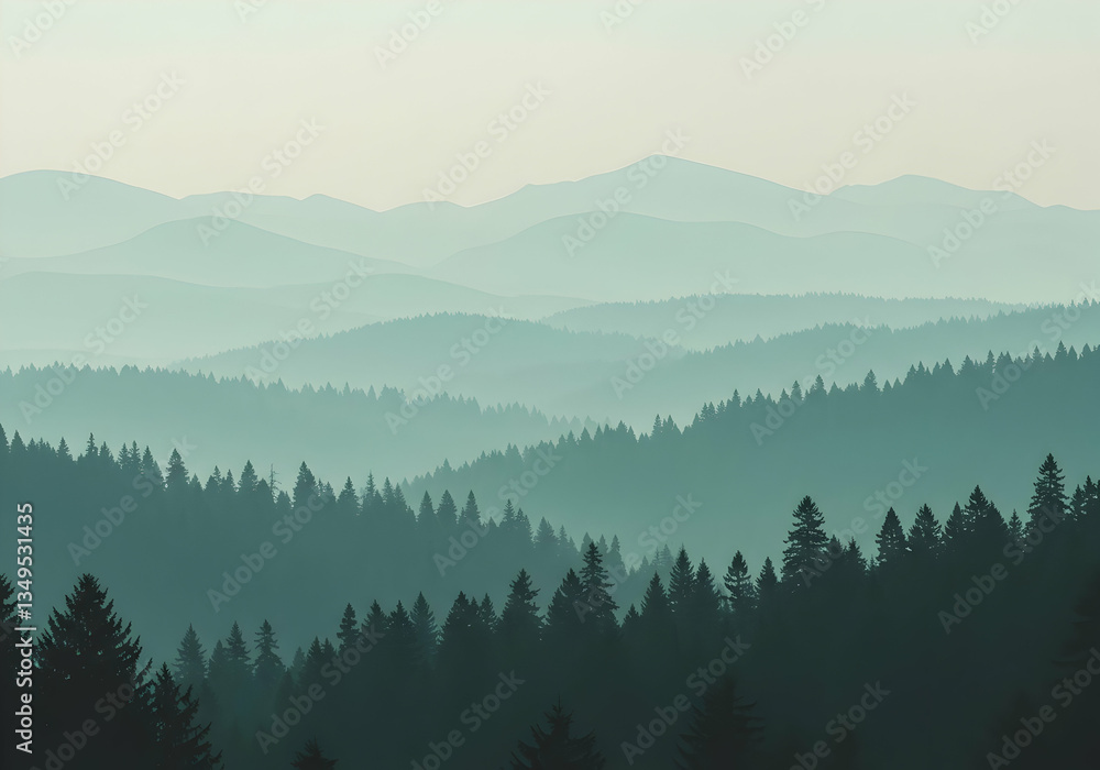 Naklejka premium Layered Mountain Landscape with Evergreen Forest and Misty Atmosphere