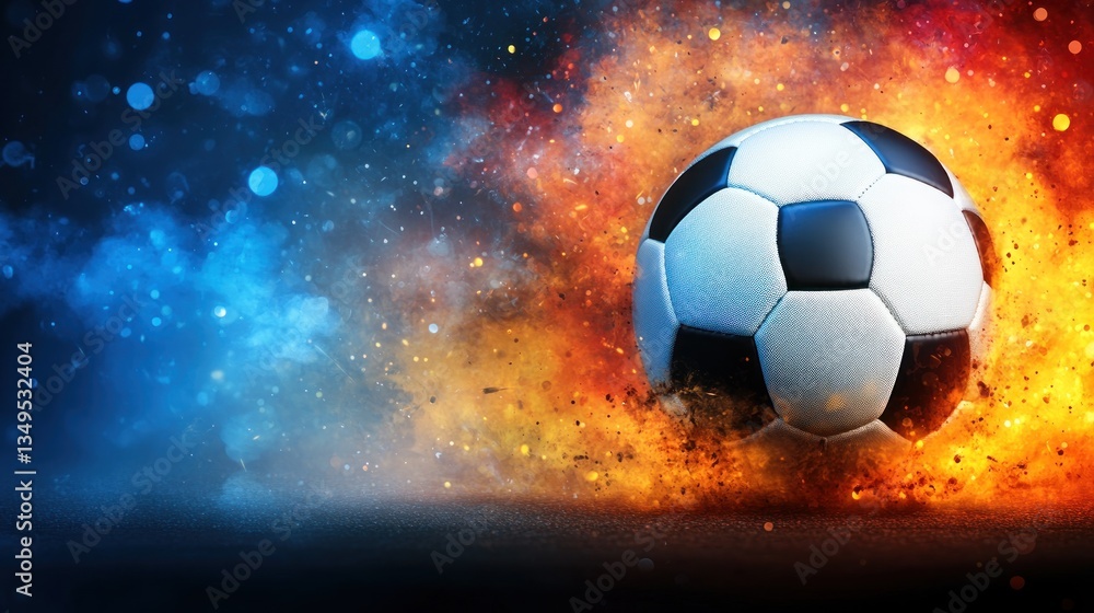 Naklejka premium A soccer ball is engulfed in flames and contrasting blue light