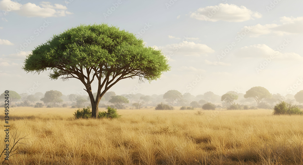 Solitary Tree Standing in Golden Field Under Pale Sky Landscape Solitary Tree Standing in Golden Field Under Pale Sky Landscape