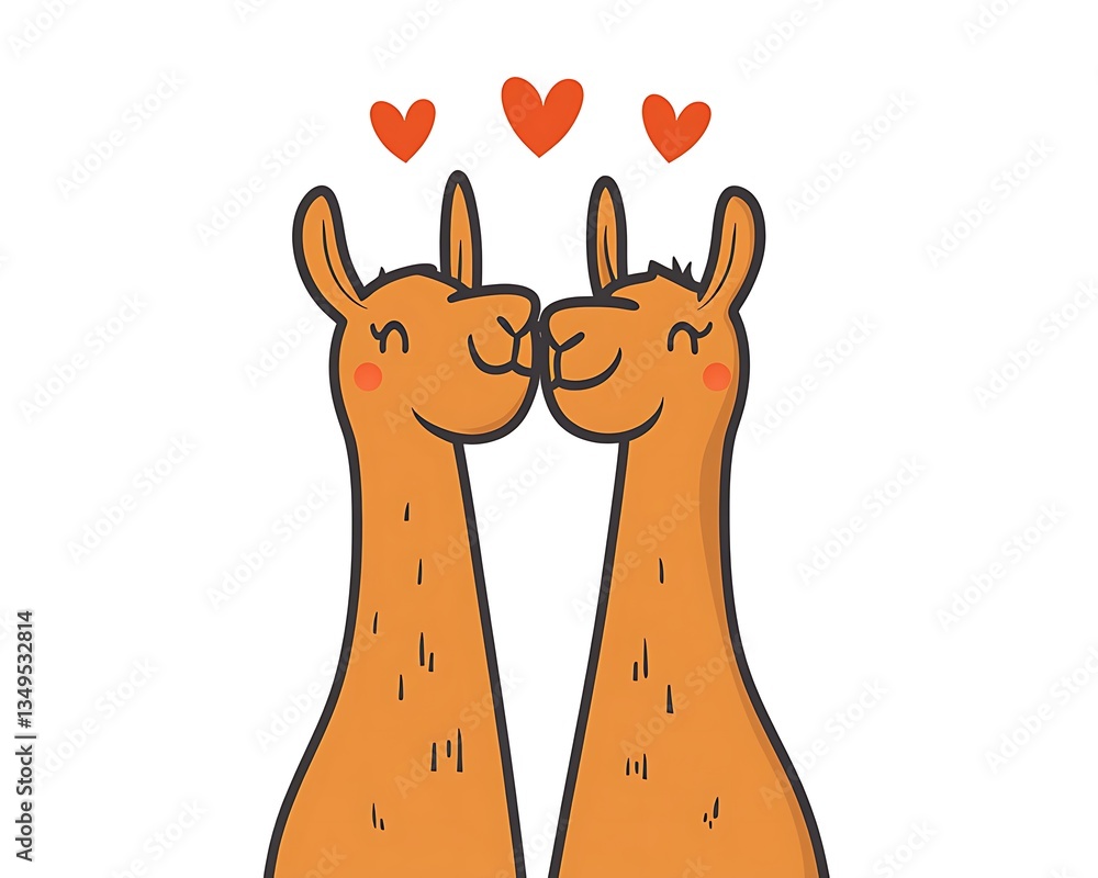 Naklejka premium Two happy llamas share a kiss of love with hearts above