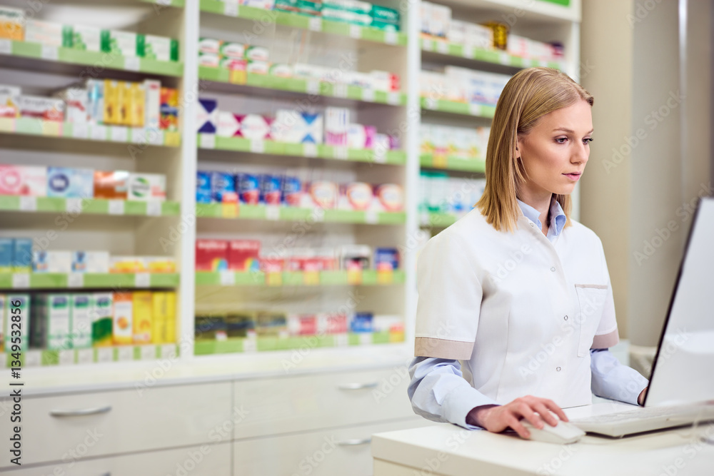 Professional Pharmacist Using Computer in a Modern Pharmacy Store Professional Pharmacist Using Computer in a Modern Pharmacy Store