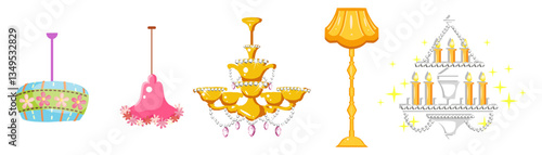 Ceiling Chandeliers set, bedside nightlights. Different interior light decor standing and hanging. Vector illustration isolated on white background.