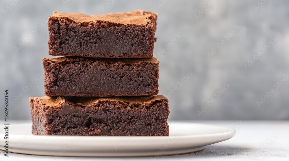 A delicious stack of rich brownies on a plate, showcasing their fudgy texture and tempting chocolate color against a neutral background. A delicious stack of rich brownies on a plate, showcasing their fudgy texture and tempting chocolate color against a neutral background.