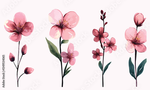 Wallpaper Mural pink cherry blossom flower branch set. Flat Vector watercolor illustration isolated on white background Torontodigital.ca