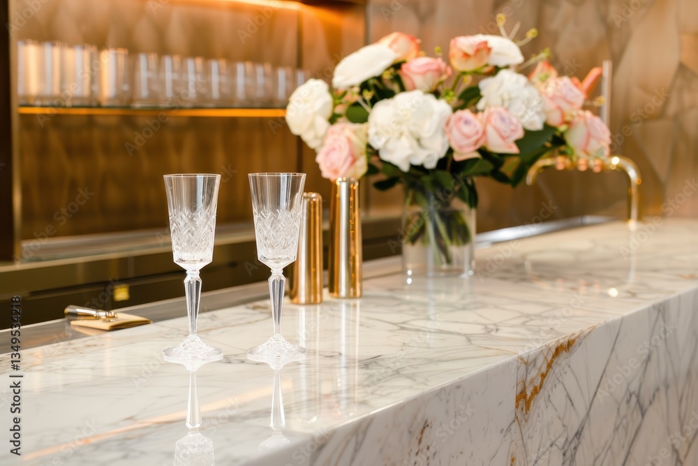 Elegant and modern interior design of a bar counter with stylish glassware during sunset light Elegant and modern interior design of a bar counter with stylish glassware during sunset light