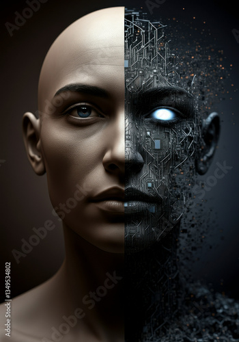 Human face partially disintegrating into digital fragments with glowing eye, representing technological singularity and digital transformation.