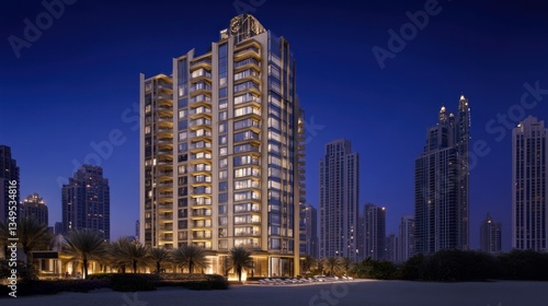 Luxury living illuminated: A captivating view of a modern skyscraper at twilight