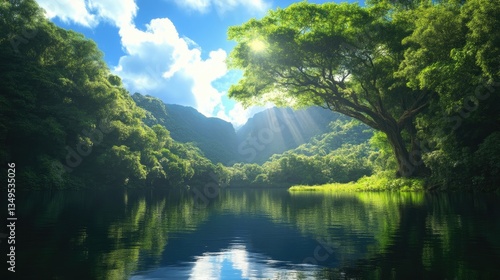 Lush River Valley Under Sunny Sky