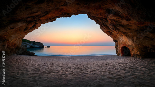 Dramatic View Of Sunset Over Ocean Seen Through Natural Cave Opening Reflecting Golden Light On Sandy Beach