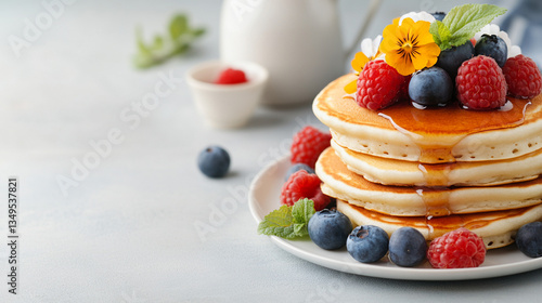 Stack of pancakes topped with berries and syrup on a table  